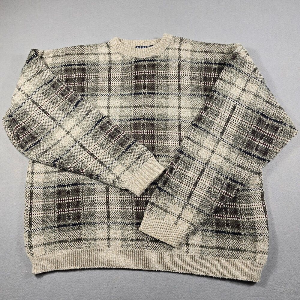 Trader Bay Men's XLT Vintage Crewneck Sweater Beige Plaid Made in USA Knit